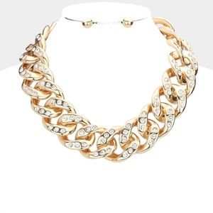 iFashionBox Gold and Clear Crystal Statement Chain Necklace